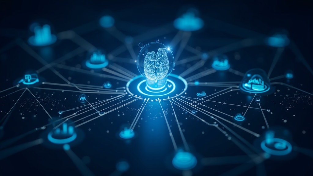 Abstract illustration of digital AI icons and charts representing artificial intelligence transforming content marketing