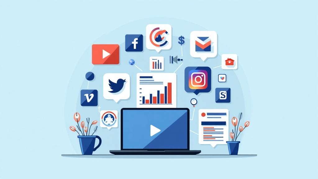 A collection of digital social media icons and analytic graphs around a laptop, symbolizing various social media marketing tools.