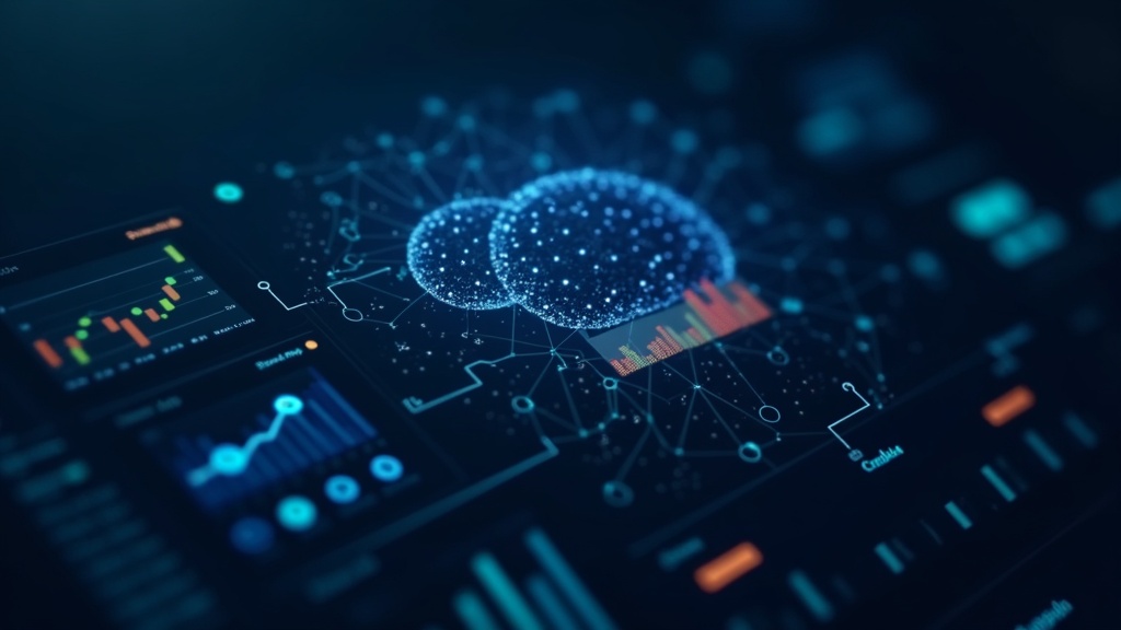 Abstract graphic showing digital dashboards and charts representing AI tools for social media