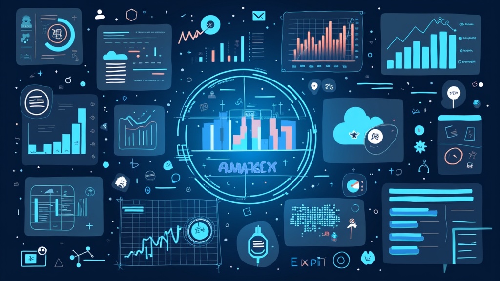 Various digital dashboards representing AI marketing tools and analytics