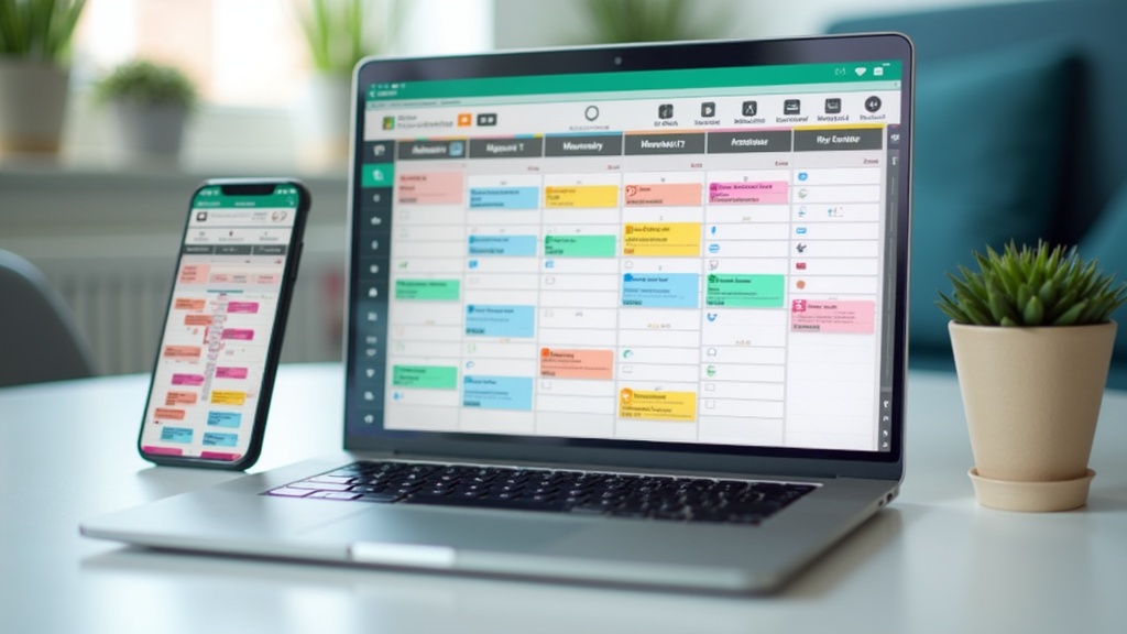 A laptop and mobile device on a desk displaying colorful calendars and various social media icons, symbolizing organized scheduling